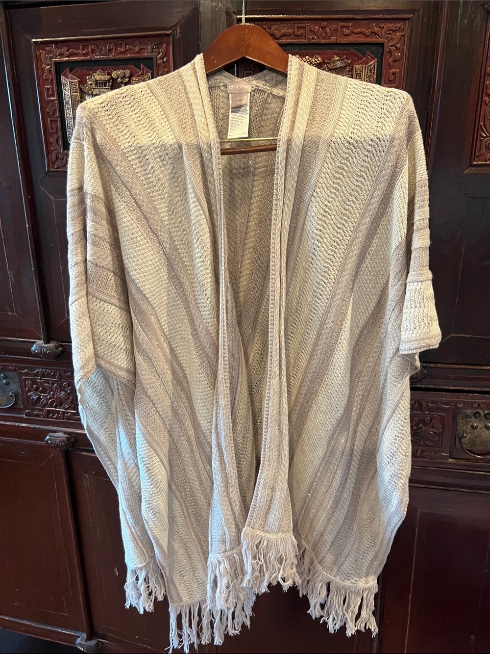 Chico's Cream & Light Beige Open-Front Fringe Shawl